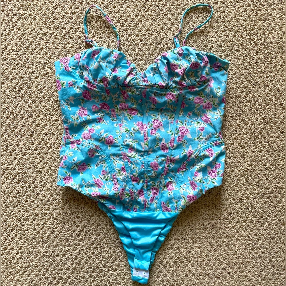 Zara Bright Blue Floral Bodysuit Size L